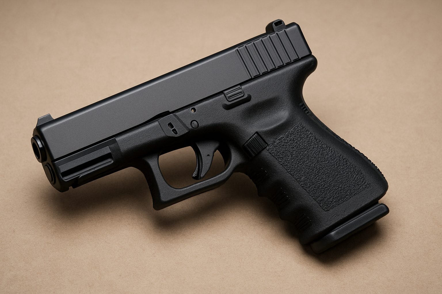 A close-up view of a Glock 19 handgun on a neutral background