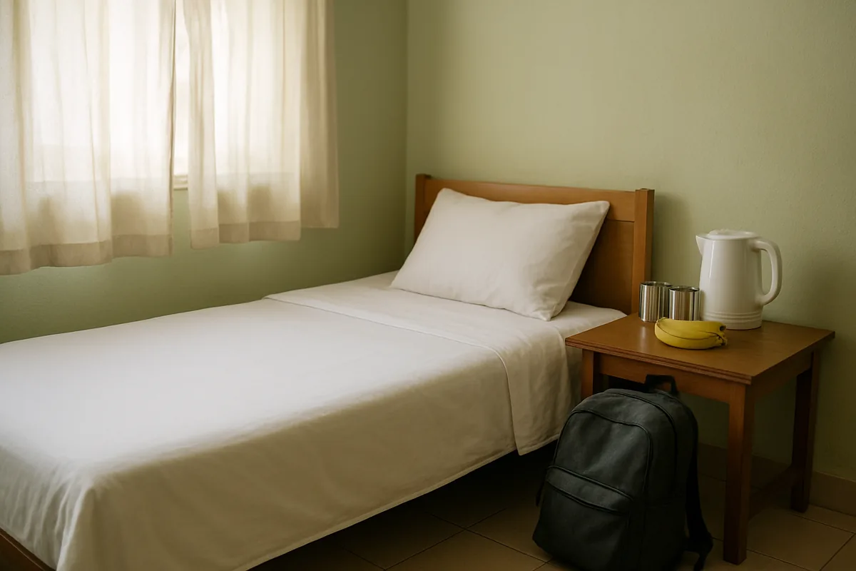 Simple guesthouse room with a kettle and steel cups on a side table, hotel life hacks for budget stays