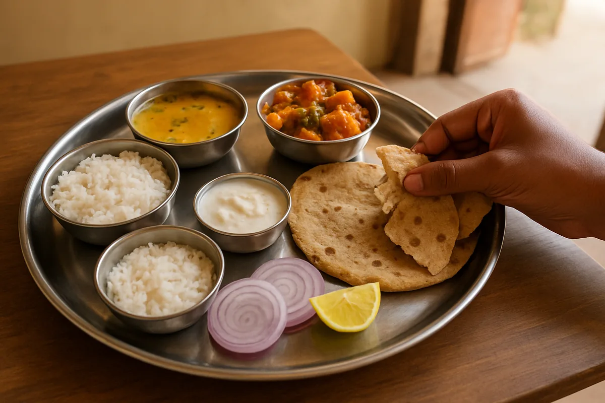 A neat steel thali lunch on a table, a budget travel hacks favourite for eating cheaper on trips