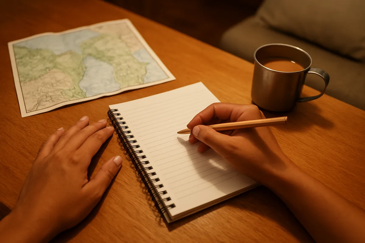 Hands planning a trip in a plain notebook beside a paper map, budget travel hacks and tips at home