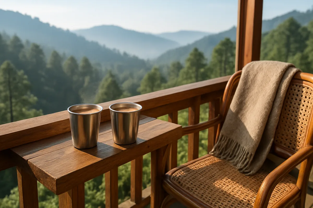 Quiet hill homestay balcony with two steel cups of chai, off season budget-friendly travel hacks