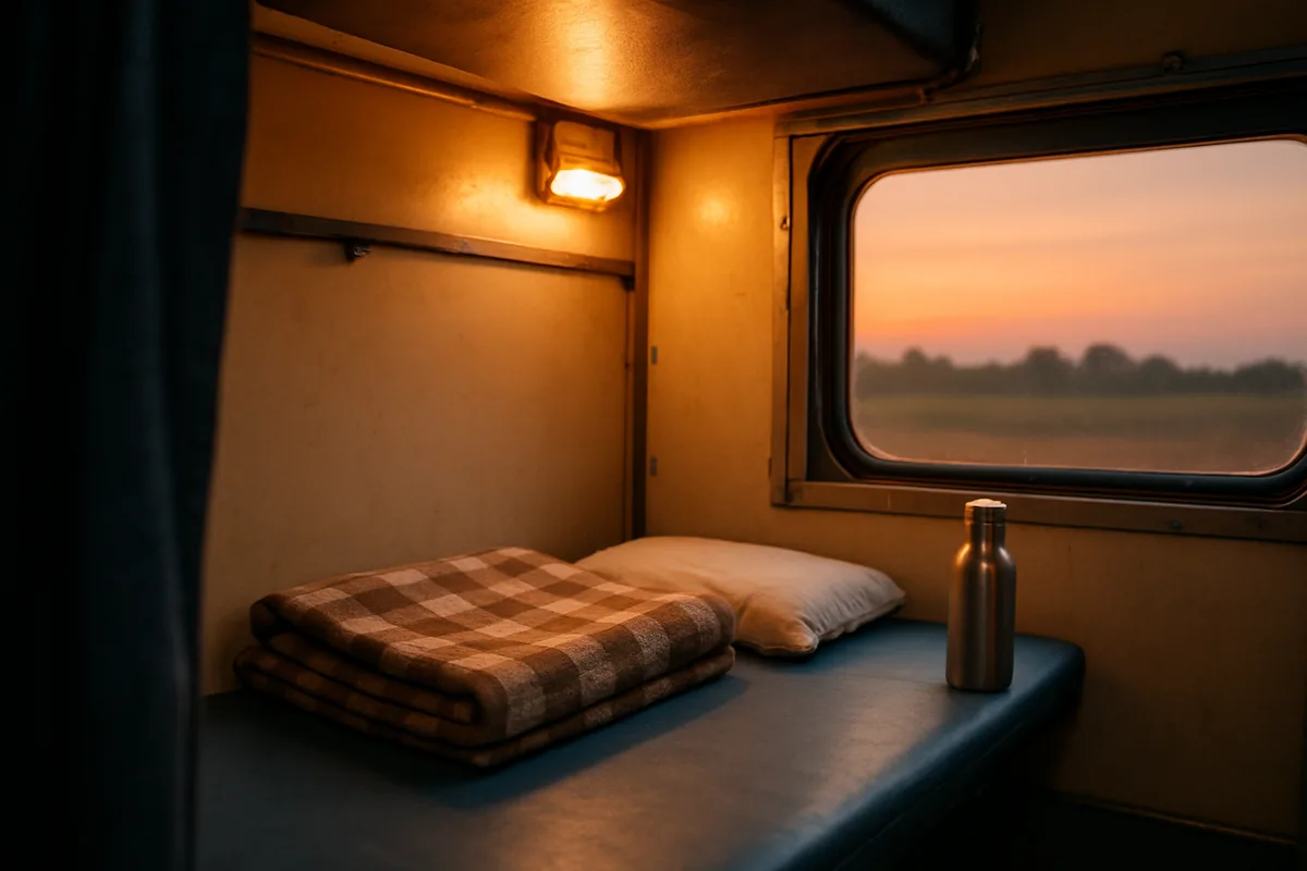 Night sleeper train berth with a folded blanket and a steel bottle, a classic travel cheap hack in India