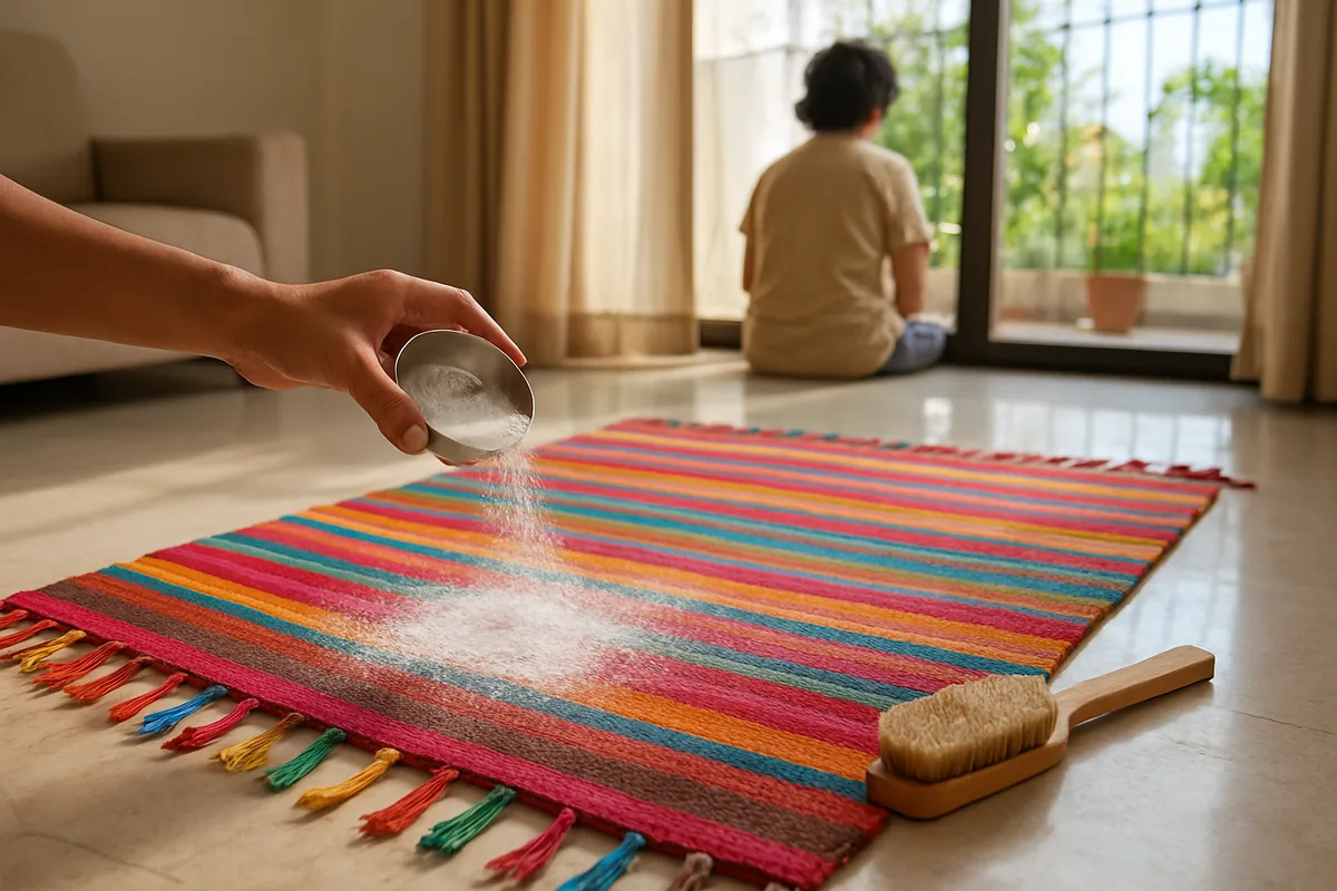 DIY carpet cleaning hacks: baking soda sprinkled over a cotton durrie to remove smells