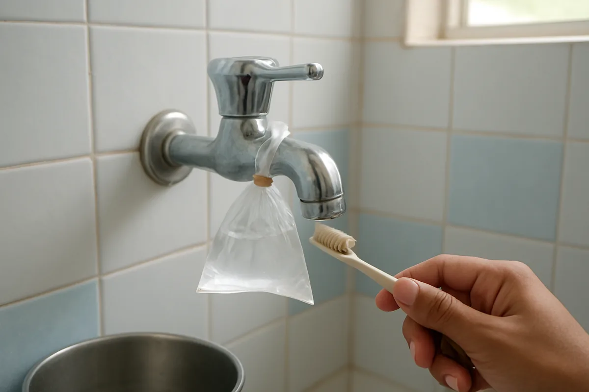 Life hacks for cleaning bathroom taps: a bag of vinegar tied over a steel tap spout to remove hard water