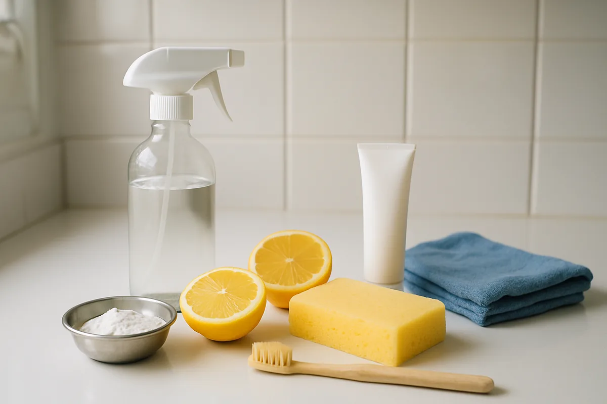 DIY cleaning hacks kit: white vinegar, baking soda, lemons, toothpaste and a scrub brush on a kitchen counter