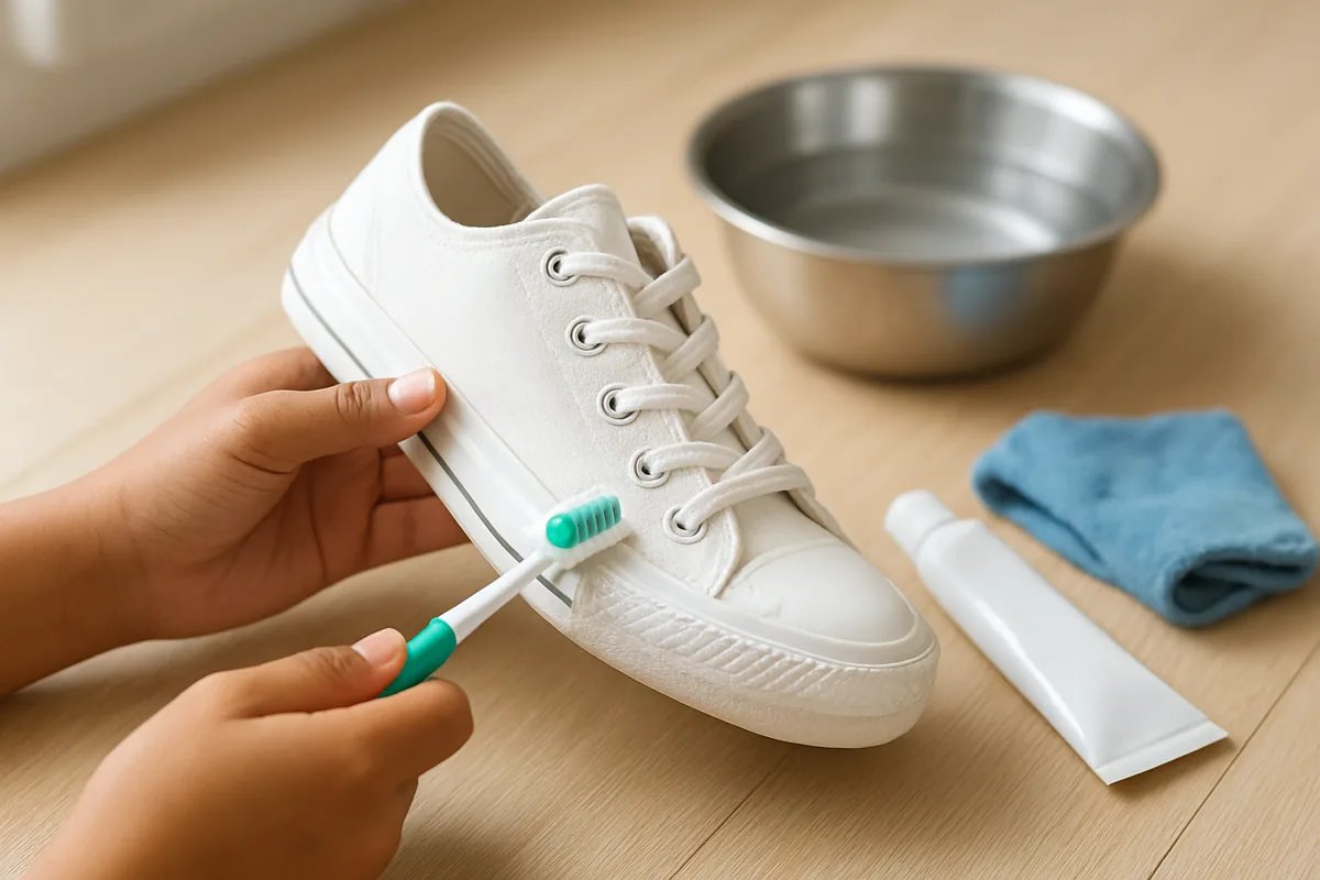 Life hacks with toothpaste: cleaning the white rubber sole of a school sneaker with an old toothbrush