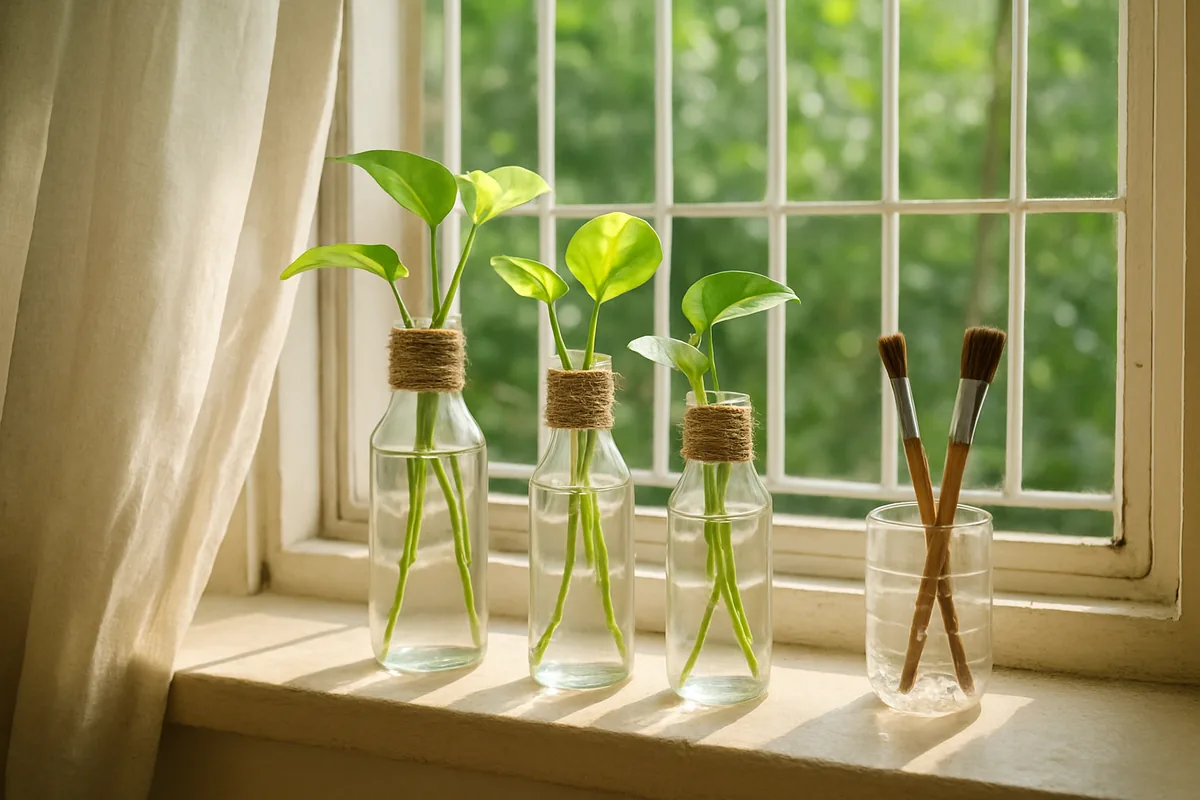 Life hacks with bottle: glass bottle vases wrapped in jute twine with money plant cuttings on a windowsill