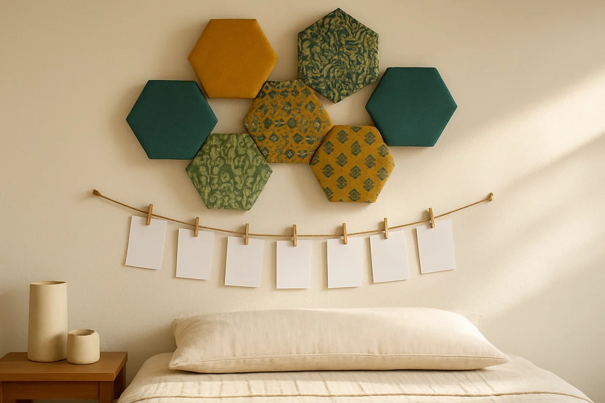 DIY hacks for home decor: fabric wrapped cardboard hexagons and a photo string wall above a bed