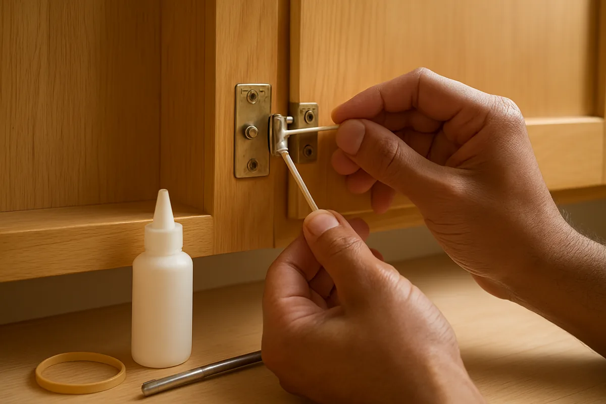 Household DIY hacks: fixing a loose cupboard hinge screw with glue dipped wooden toothpicks