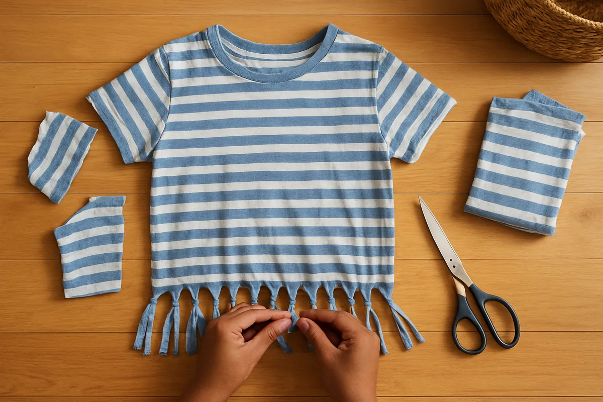DIY old shirt hacks: a no sew tote bag made from an old striped t-shirt with a fringed knotted base