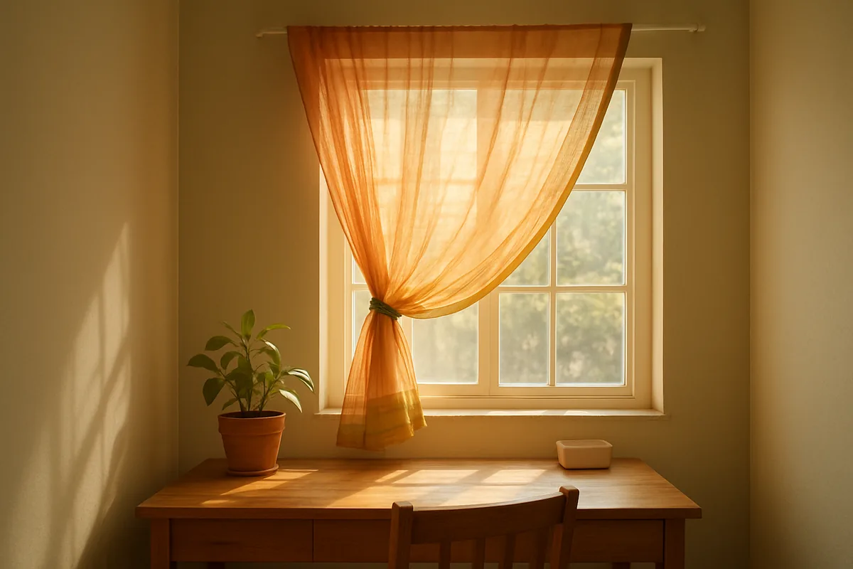 DIY curtain hacks: a sheer old saree hung on a tension rod filtering sunlight in a bedroom