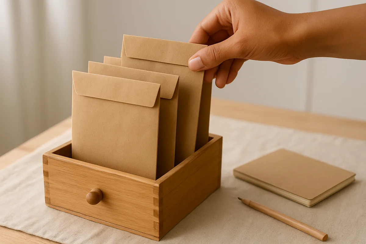 Plain paper envelopes in a drawer for monthly cash, simple money hacks real life families use