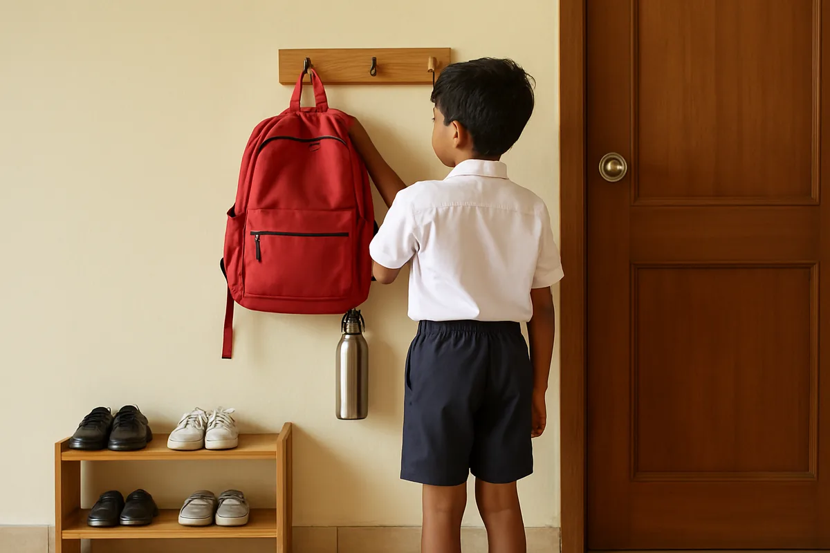 Child from behind hanging a school bag on a low wall hook, a daily life hacks idea for parents