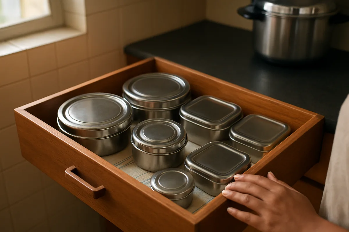 Steel dabbas arranged in a kitchen drawer, a simple life hacks idea for Indian homes