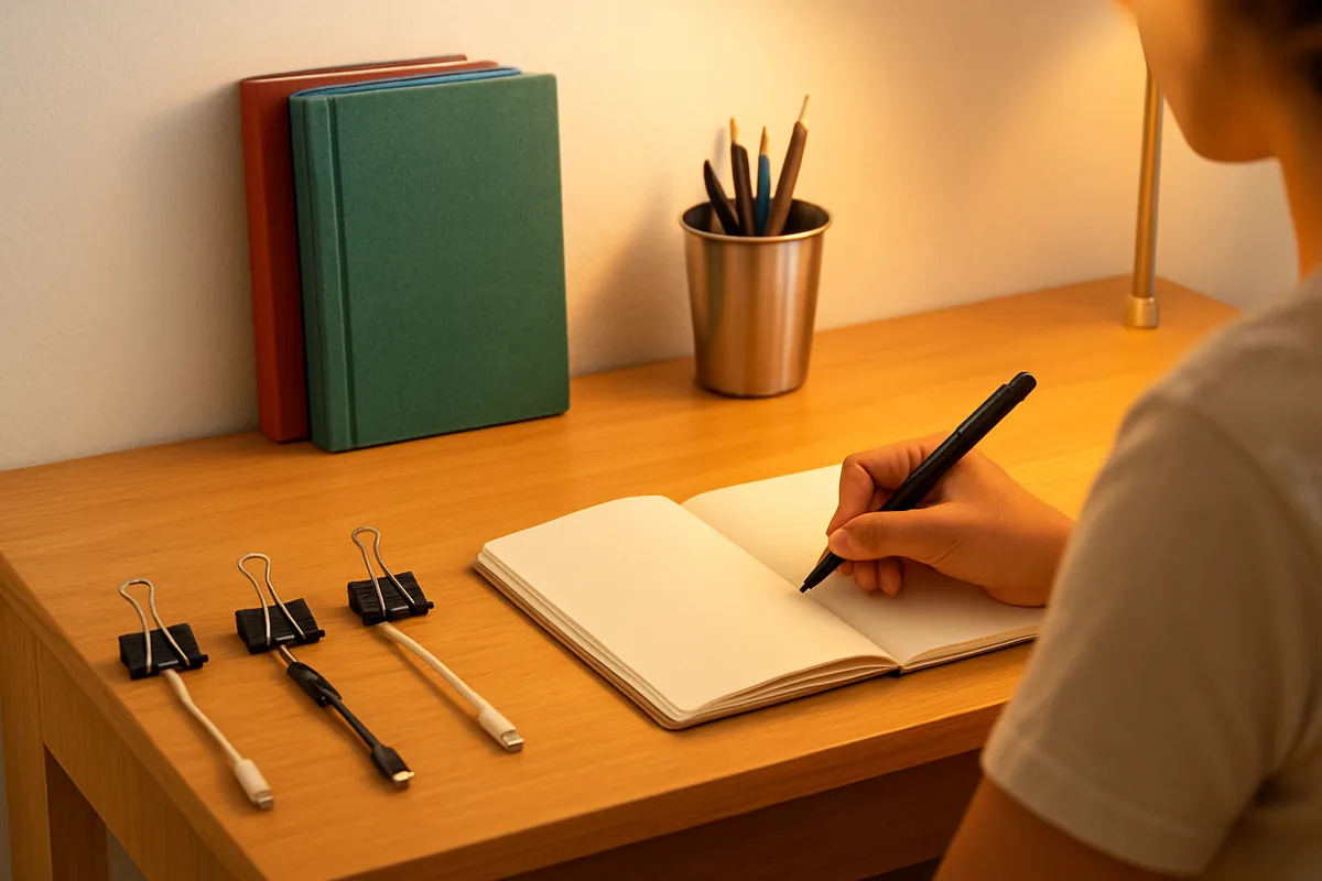 A tidy study desk with binder clips holding cables and colour-coded notebooks, useful life hacks for students