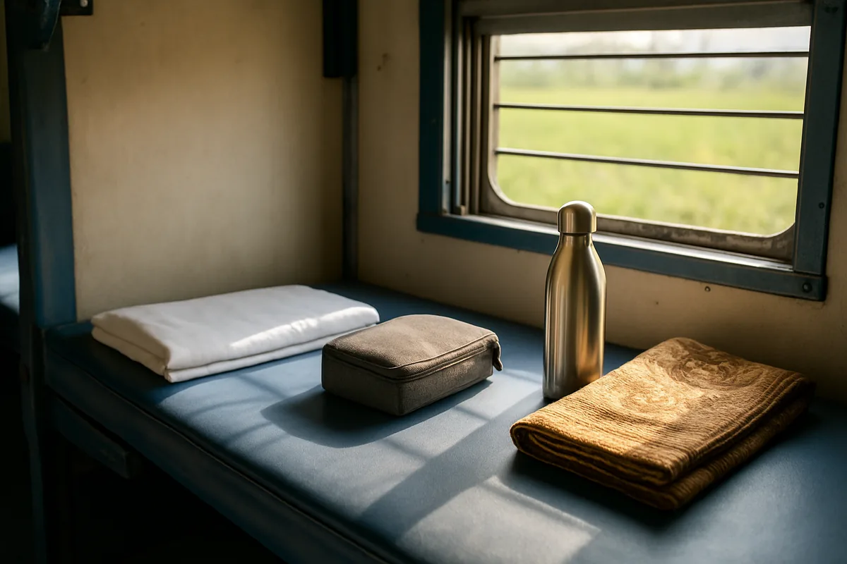 A neat zip pouch and steel bottle on a train berth, real life hacks for Indian rail trips