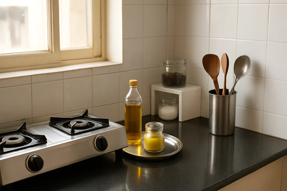 Small kitchen organization hacks: clean granite cooking platform with an oil tray, utensil tumbler and jar riser