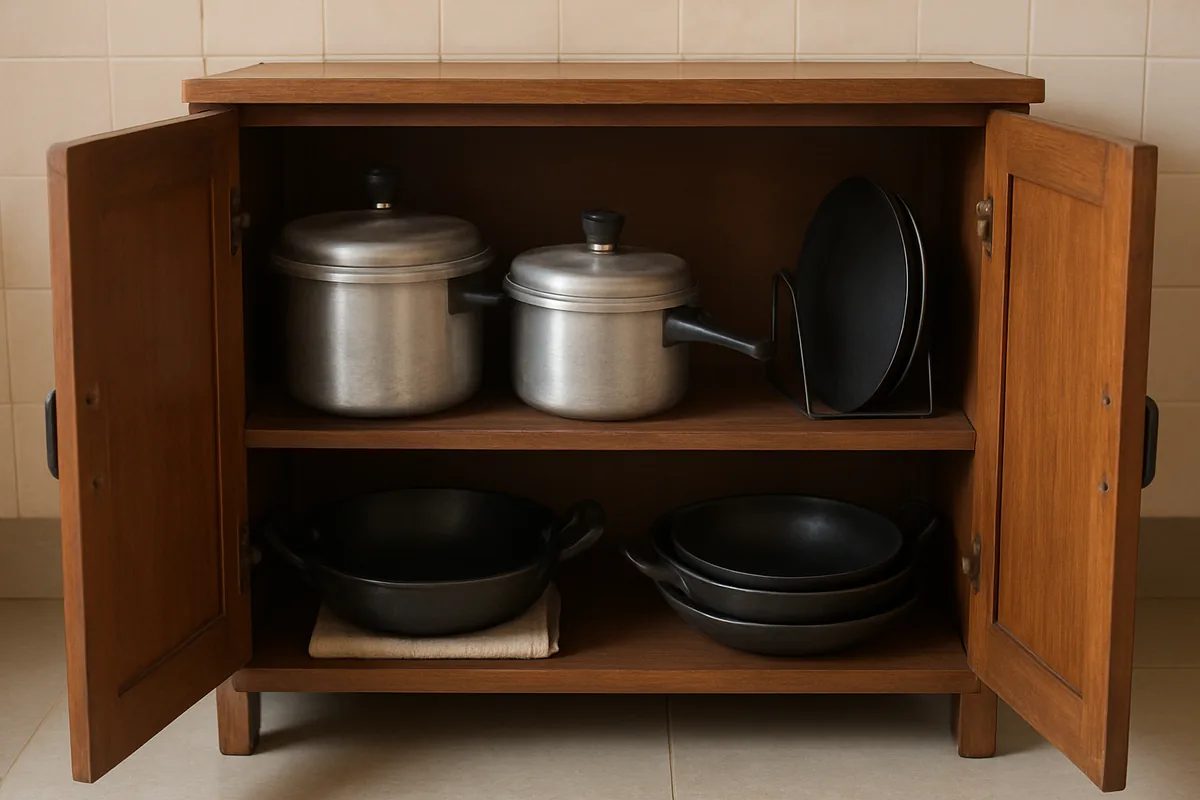 Kitchen organization hacks: pressure cookers with lids upside down and tawas standing upright in a cupboard