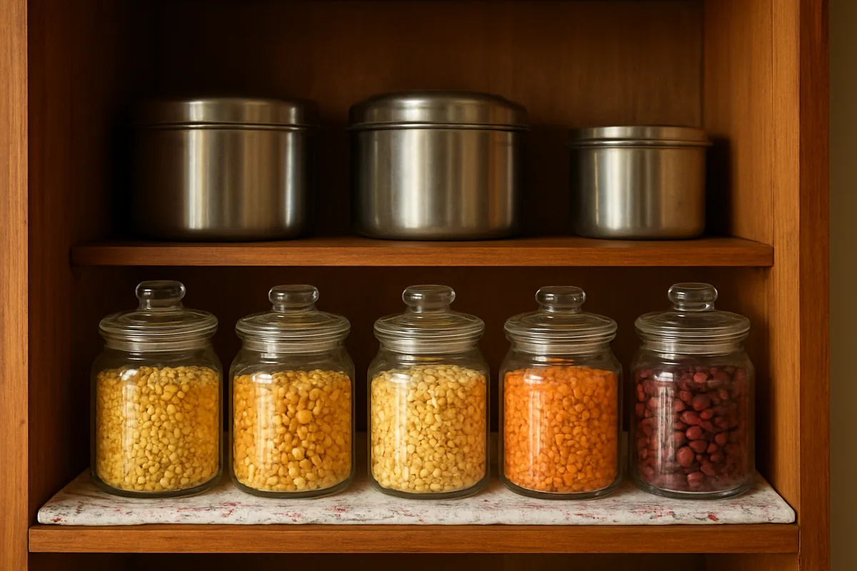Kitchen cupboard organization hacks: clear jars of dal in a colour row in front of large steel dabbas