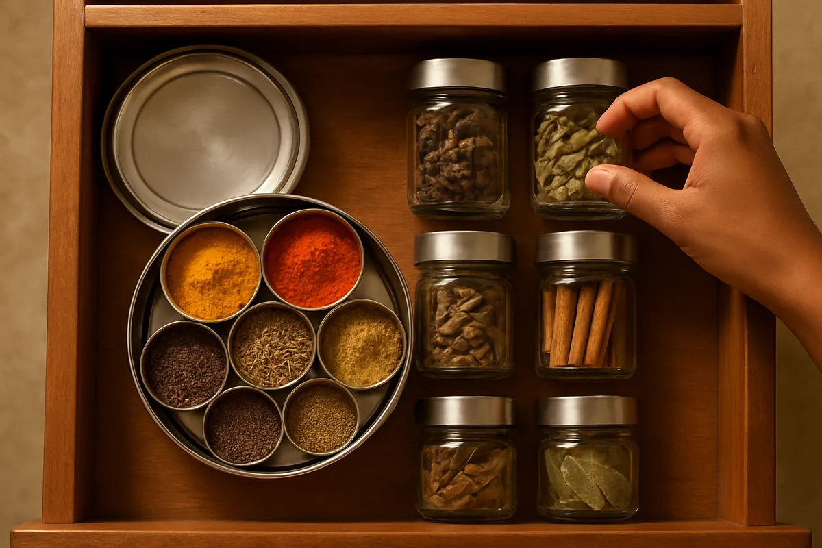 Spice cabinet organization hacks: steel masala dabba and matching small jars arranged in a kitchen drawer
