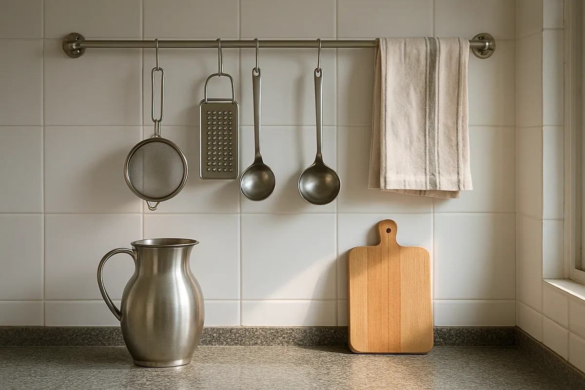 Organization hacks for small kitchen walls: steel rail with S hooks holding ladles, a strainer and a grater