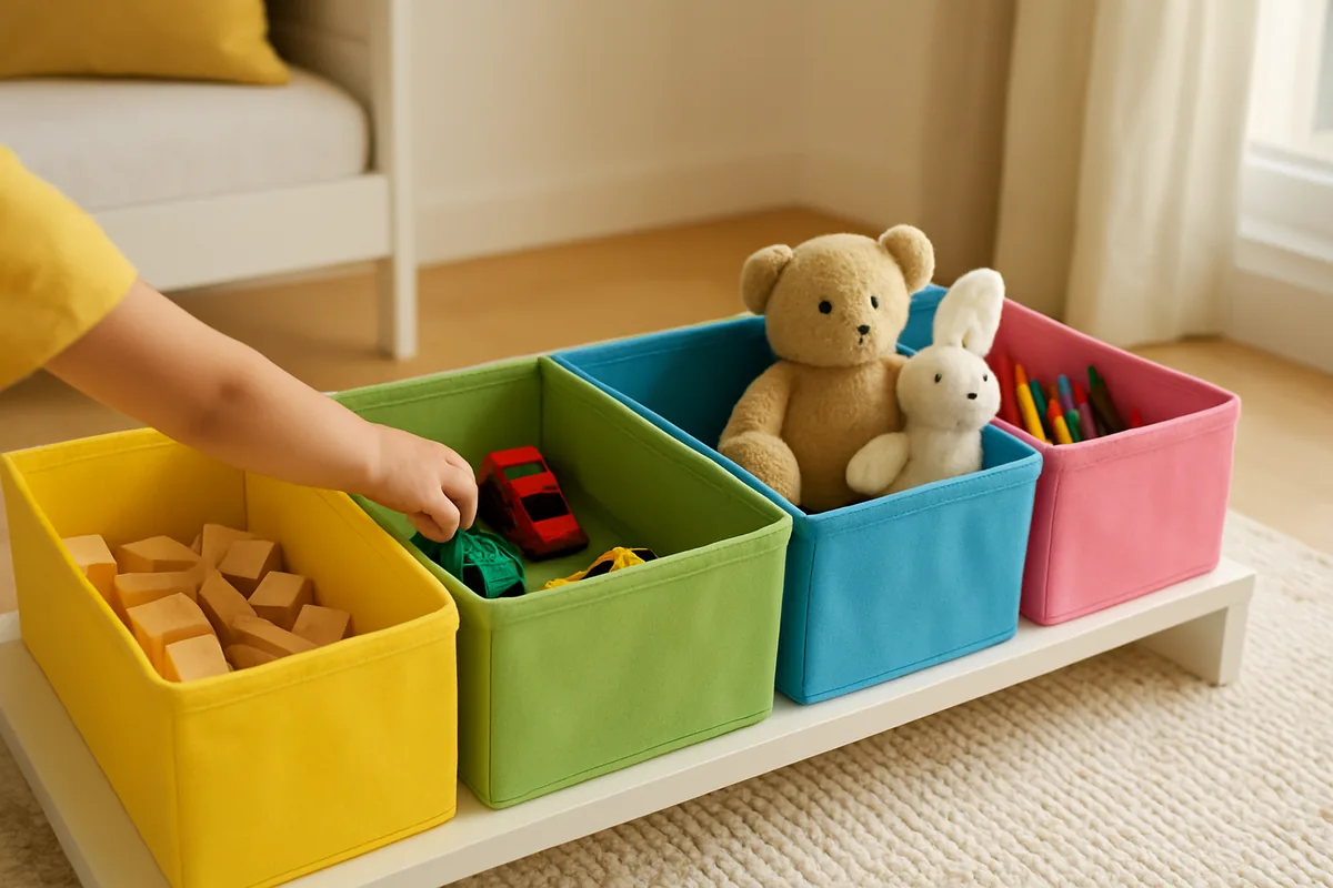 Low shelf with toy boxes marked by pictures in a child's room, kids room organization hacks