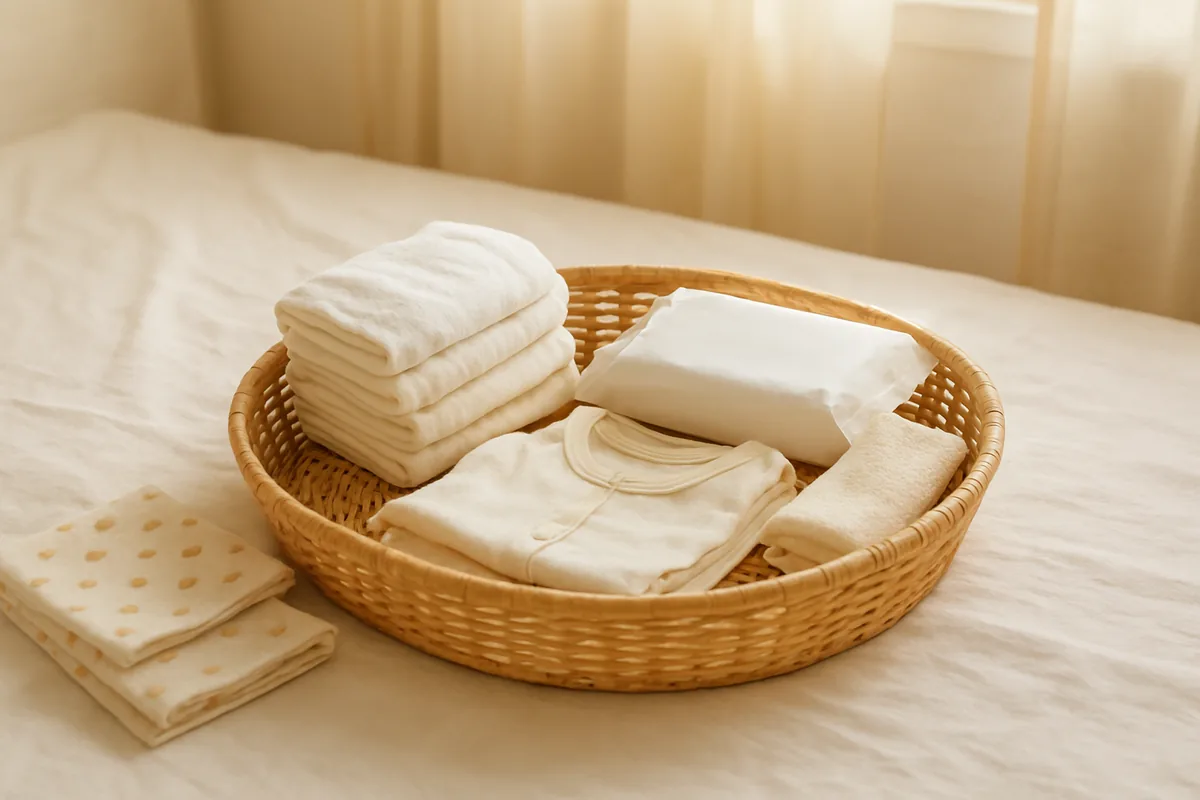 A small cane basket with nappies, wipes and a folded cloth, baby organization hacks for new parents
