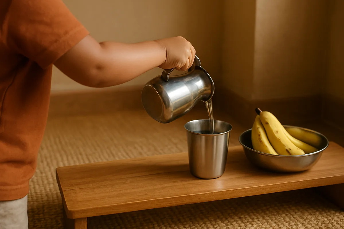 Small steel jug and tumbler on a low shelf for a child, kid-friendly life hacks for kids at home