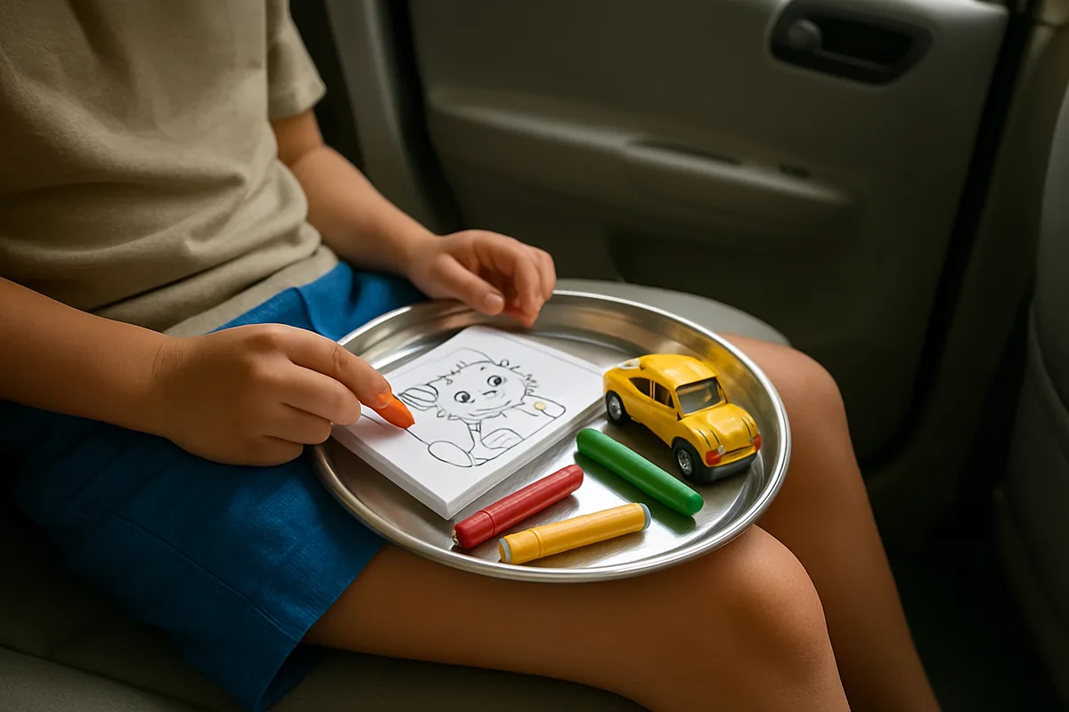 Steel plate holding crayons on a child's lap in a car, life hacks for kids on the road