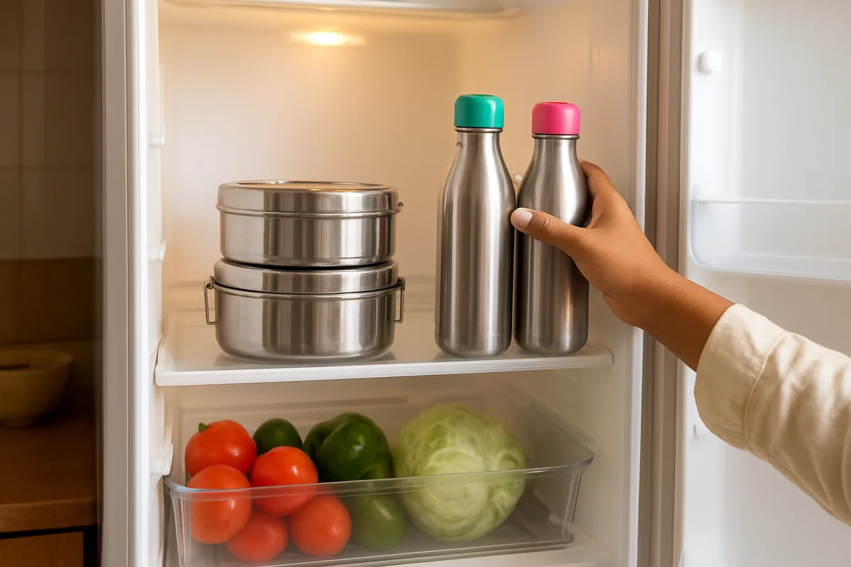 Steel tiffin boxes and water bottles ready on a fridge shelf at night, parenting life hacks for school mornings