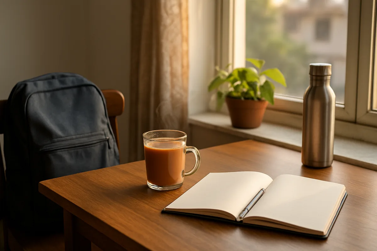 Life hacks quotes mood: a calm morning desk with tea, a blank notebook and a packed school bag