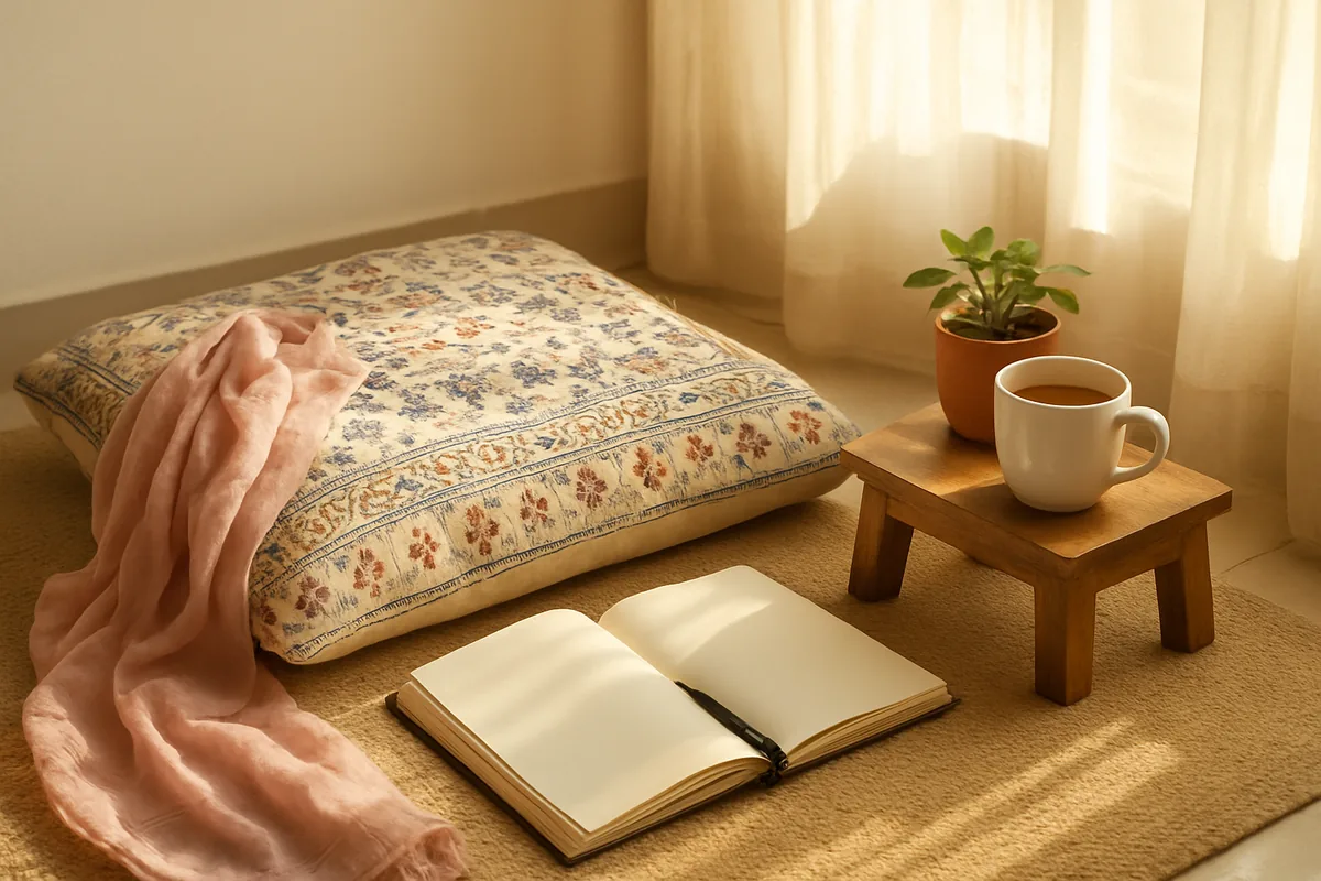 Life hacks quotes for girls: a cosy self care corner with a journal, plant and folded dupatta