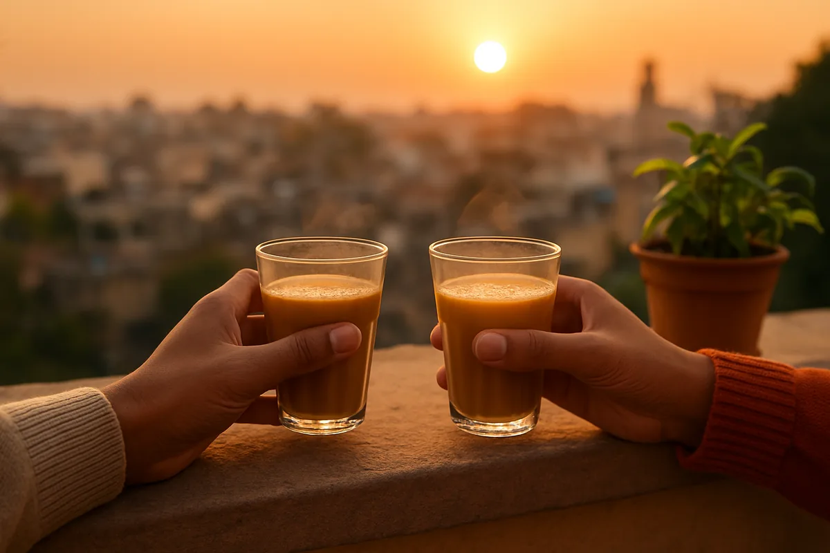Life hacks love quotes mood: two hands holding glasses of chai on a balcony at sunset