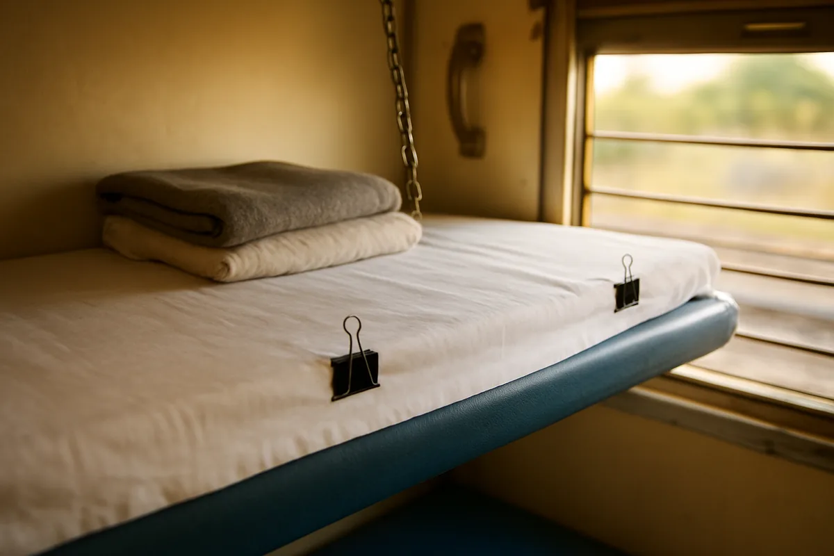Binder clips holding a white sheet to an upper train berth, smart train travel hacks for long journeys
