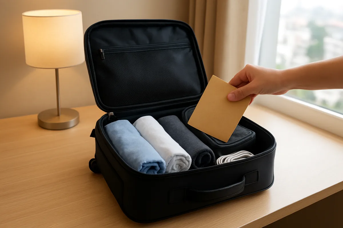 Rolled shirts, a pouch and a plain envelope for bills in a cabin bag, business travel hacks for work trips
