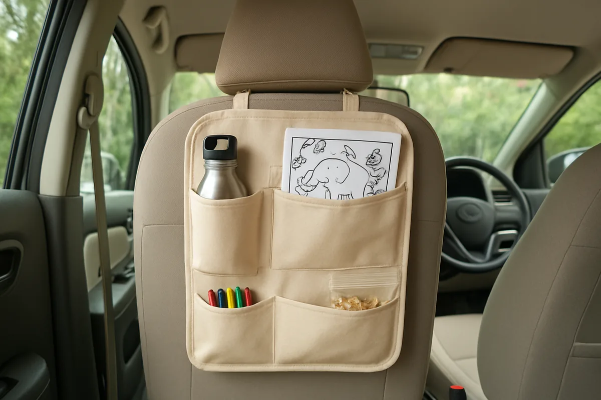 Cloth organiser with pockets hanging on a car seat back, car organization hacks for road trips
