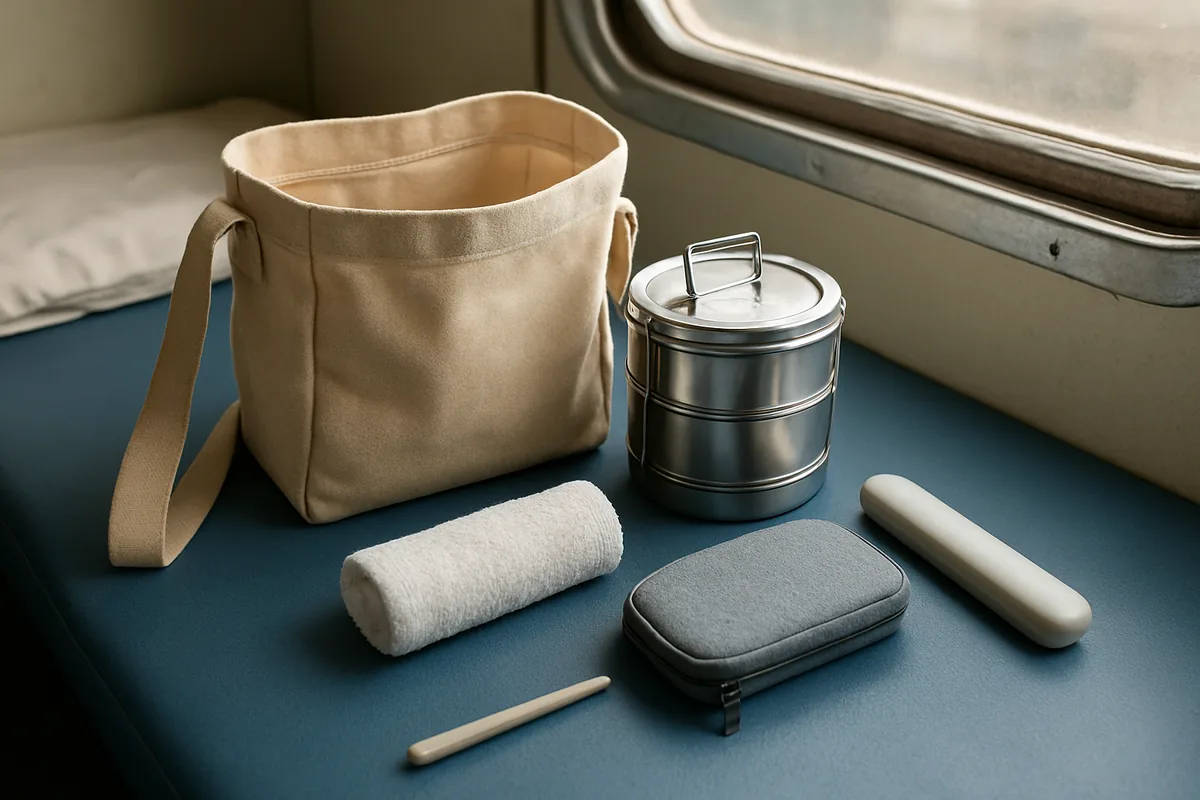 A small day bag with a tiffin, charger pouch and towel, travel hacks for long trips by train