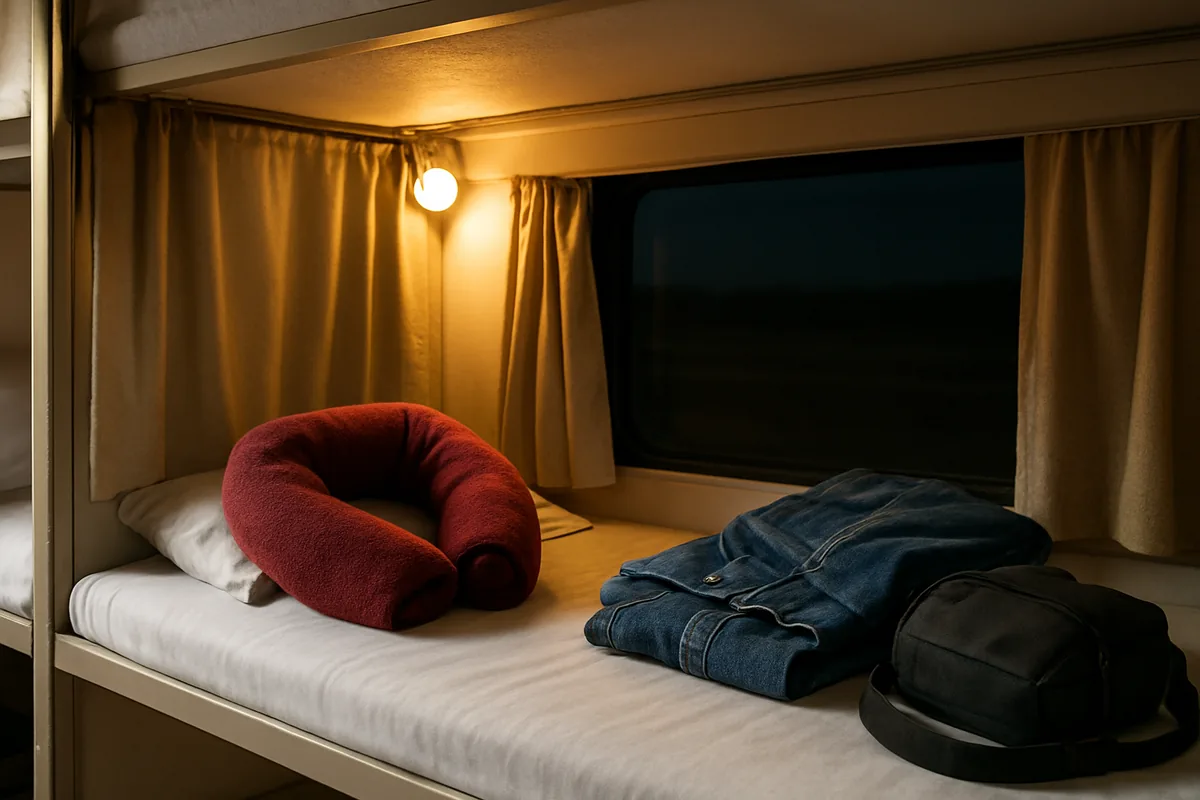 Rolled shawl neck pillow and a light jacket on a sleeper bus berth, bus travel hacks for overnight rides