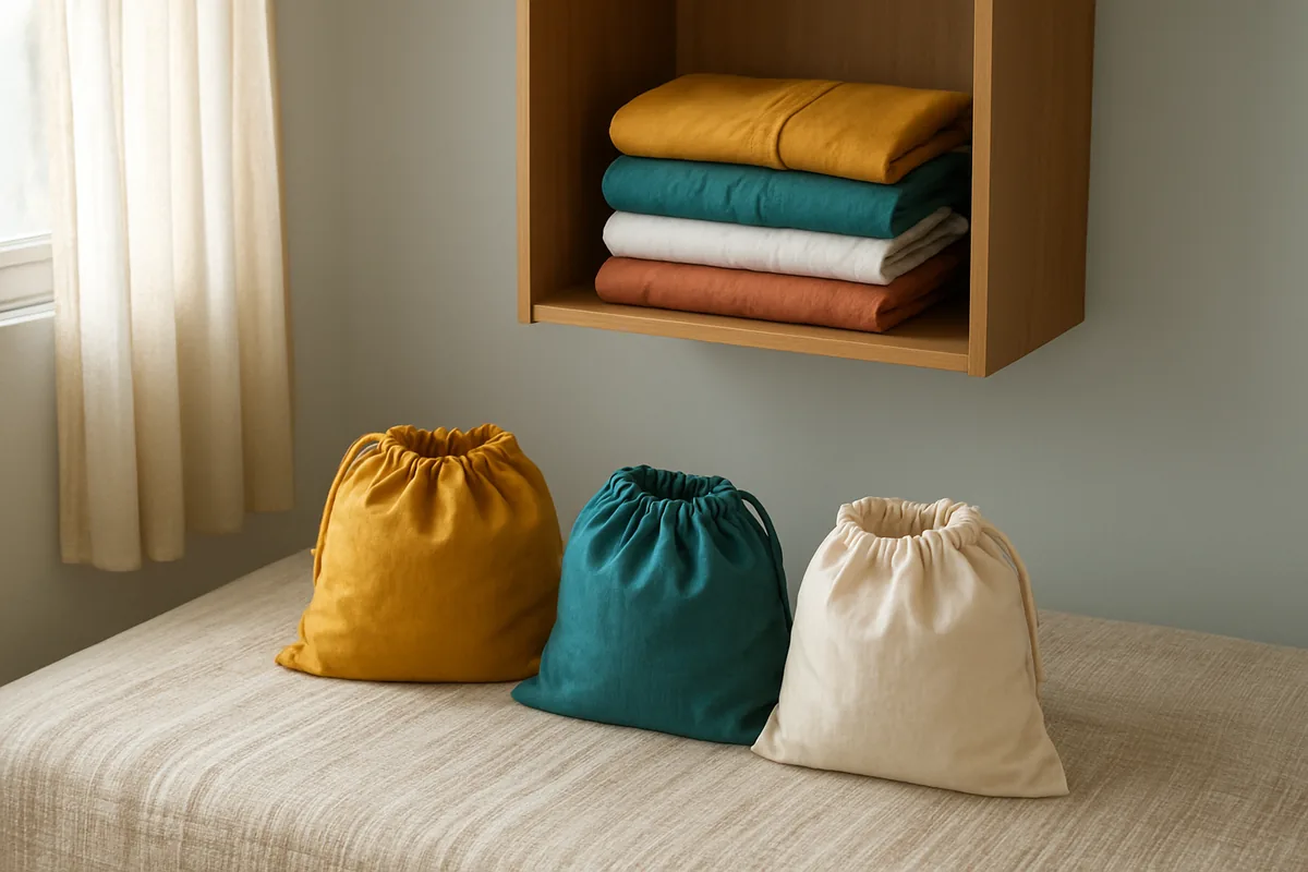 Home organization hacks: a cleared wooden shelf with neatly folded clothes and three cloth sorting bags