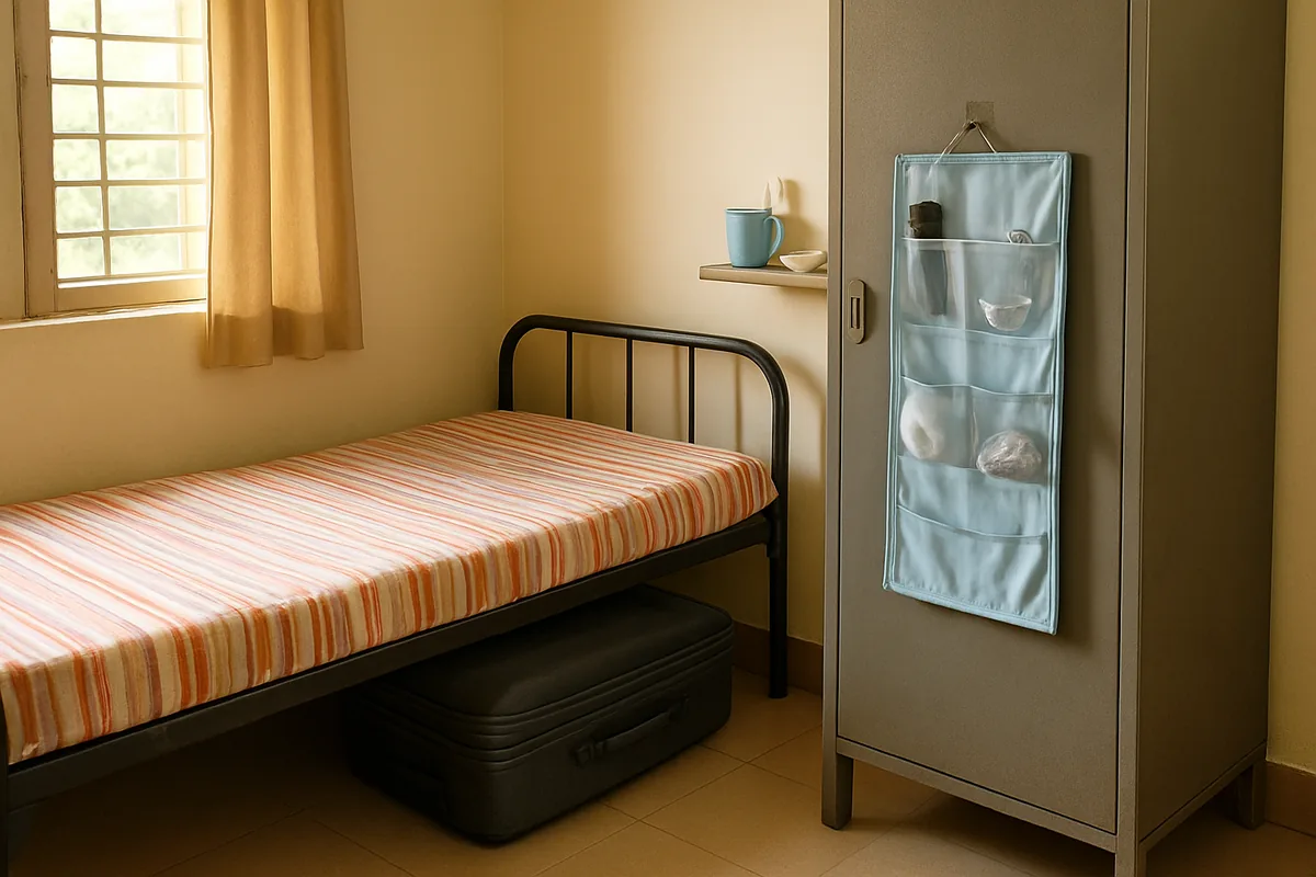 Bedroom DIY room organization hacks: hostel room with a pocket organiser on the cupboard door and a suitcase under the bed