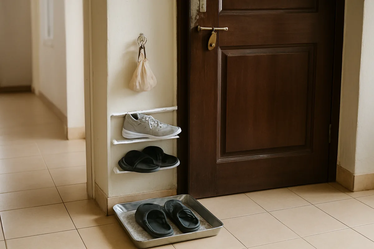 Small home organization hacks: slim shoe ledge by the front door with a newspaper lined tray for wet chappals