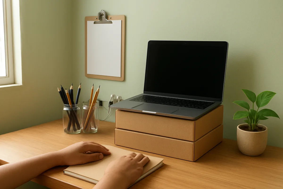 Easy DIY desk hacks for small spaces: tidy study desk with jar pen holders, binder clip cable holders and a box stand