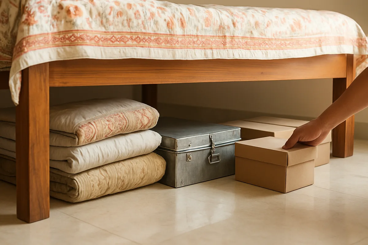Clever DIY storage hacks: quilts in old pillow covers and shoe boxes stored under a raised bed