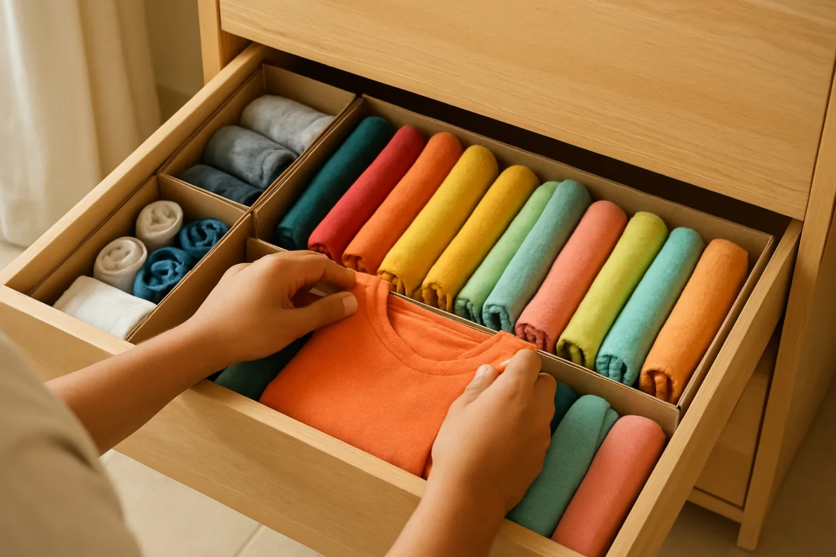 DIY clothes storage hacks: t-shirts file folded upright in a wardrobe drawer with shoe box dividers