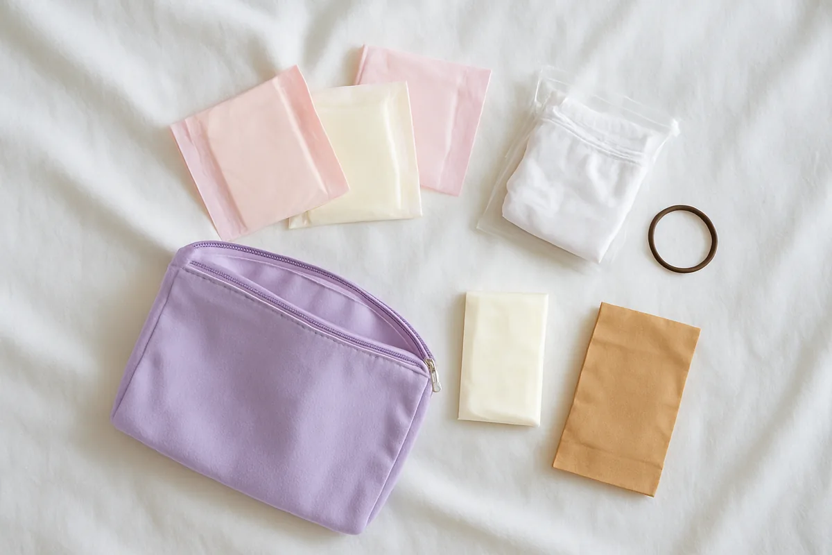 A small zip pouch with pads, folded spare underwear and tissues, period hacks for school bag kits