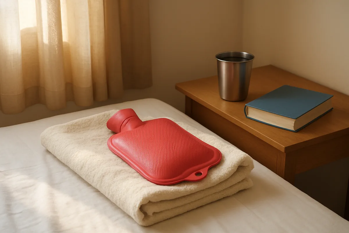 Warm water bag wrapped in a towel on a bed with a book, period life hacks for comfort after school