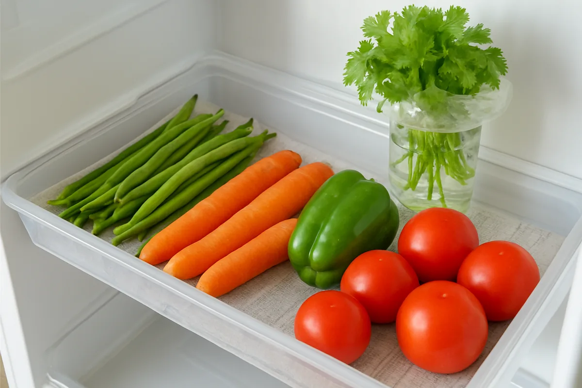 Small fridge organization hacks: coriander standing in a glass jar of water next to a newspaper lined crisper