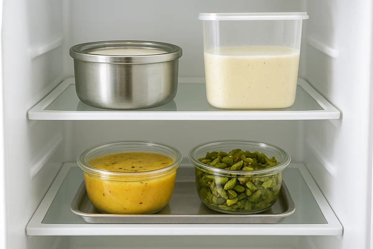 Refrigerator organization hacks: steel curd box, half filled batter box and an eat first tray on a fridge shelf