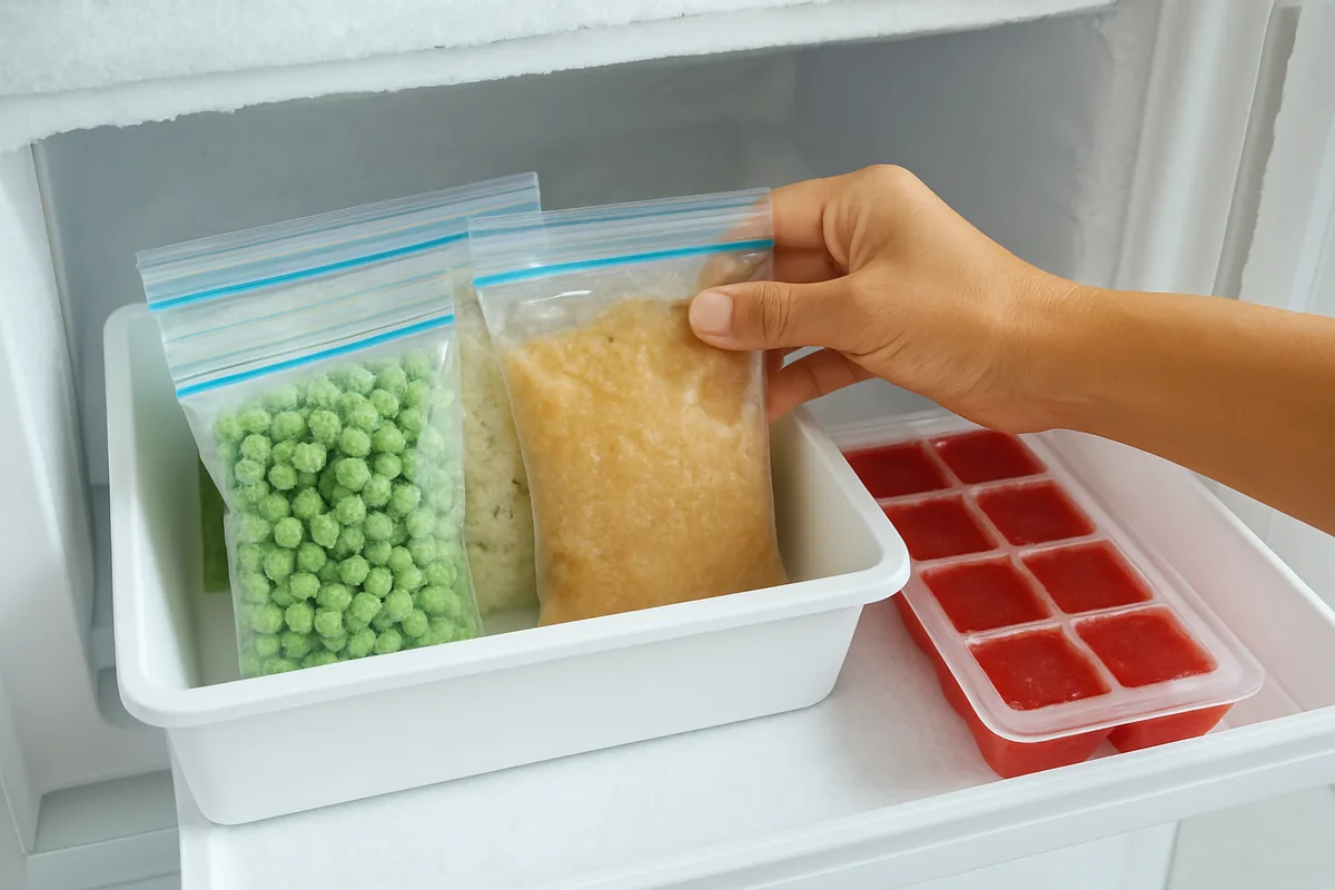 Freezer organization hacks: flat frozen pouches standing upright in a box with an ice tray of tomato puree cubes