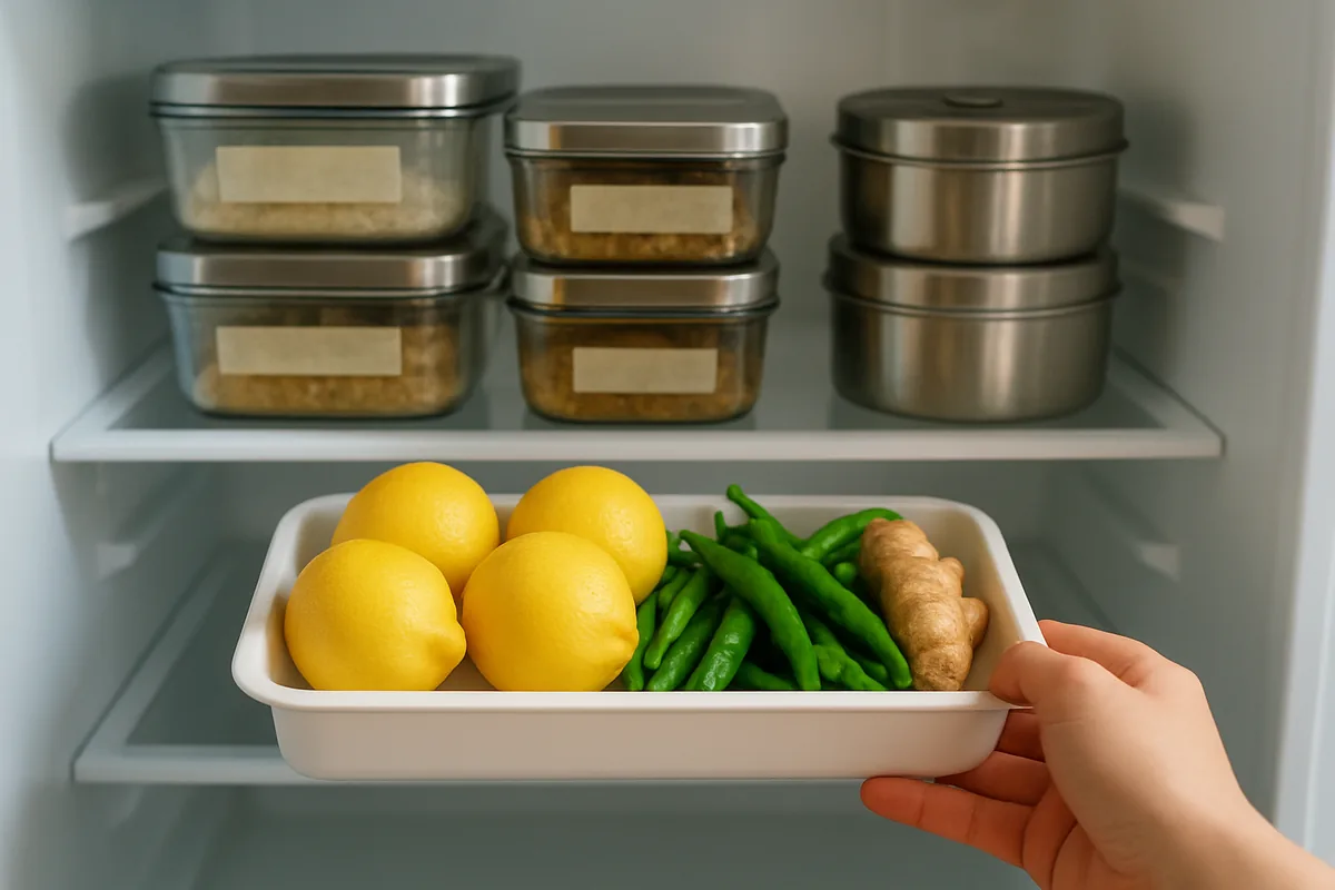 Fridge organization hacks: stacked square glass and steel containers with a tray of lemons and chillies